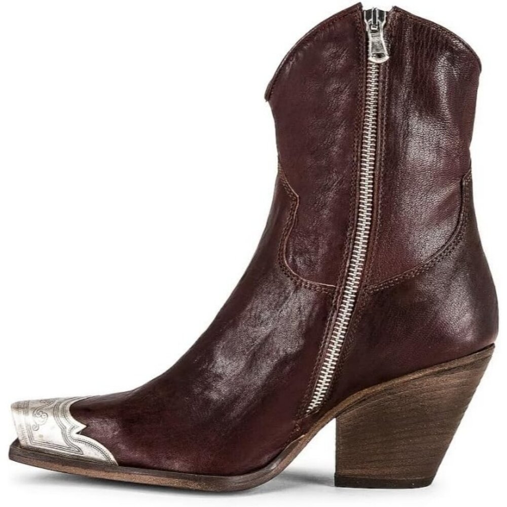 Women's Brown Western Cowgirl Ankle Boots Stacked Block Heel Steel Toe Heeled - Picture 5 of 7